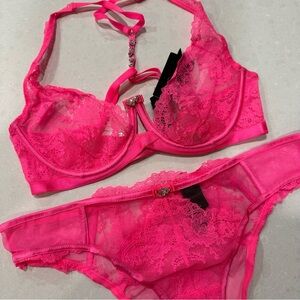 Victoria's Secret Designer Collection 34D Bra L Panty Set Atomic Pink Swarovski